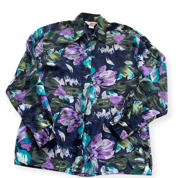Marguerite Li Silk Blouse Button Front Shirt Blue Green Purple Black Floral M - Picture 1 of 7